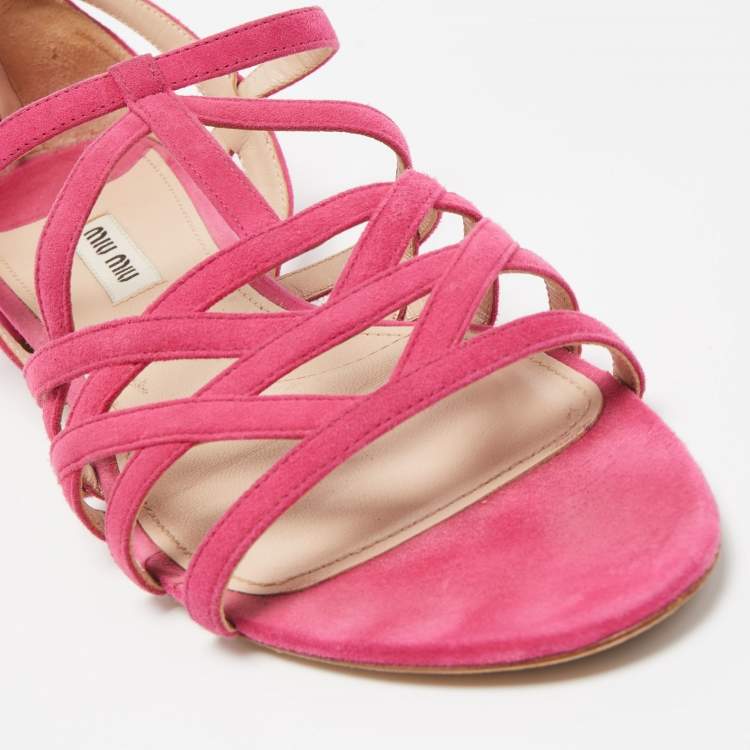 Pre Owned Miu Miu Pink Suede Strappy Flat Sandals Size 39.5