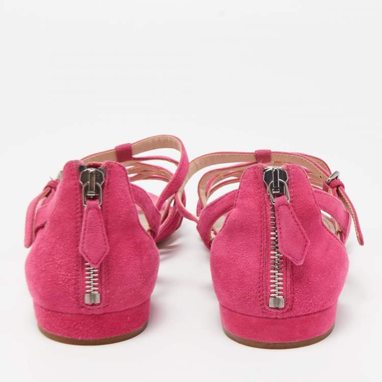 Pre Owned Miu Miu Pink Suede Strappy Flat Sandals Size 39.5