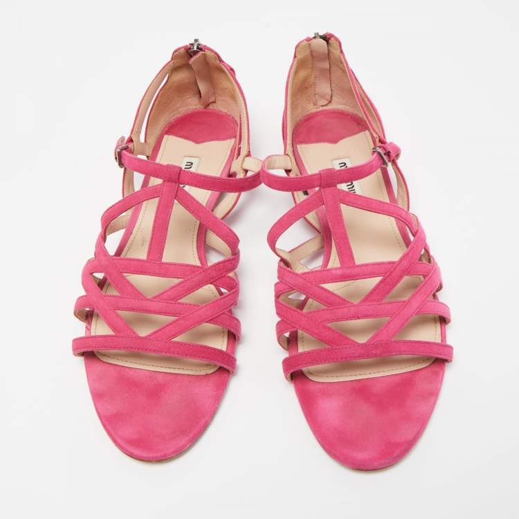 Pre Owned Miu Miu Pink Suede Strappy Flat Sandals Size 39.5