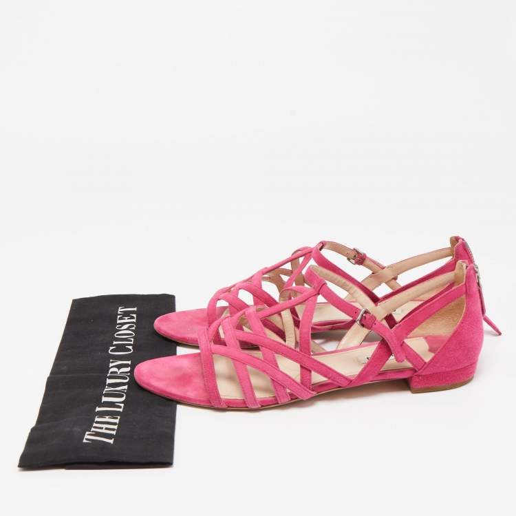 Pre Owned Miu Miu Pink Suede Strappy Flat Sandals Size 39.5