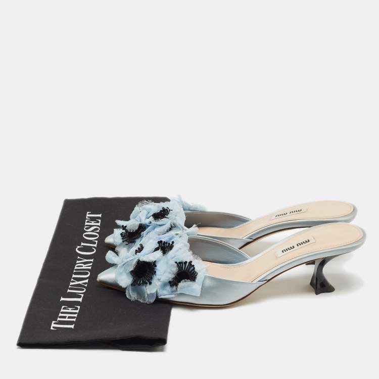 Pre Owned Miu Miu Blue Satin Floral Applique Mules Size 38