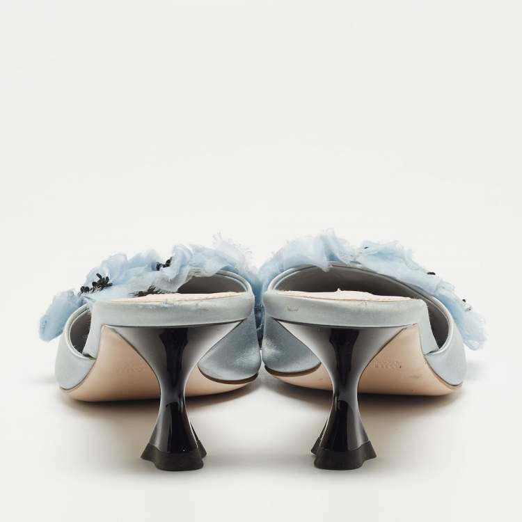 Pre Owned Miu Miu Blue Satin Floral Applique Mules Size 38