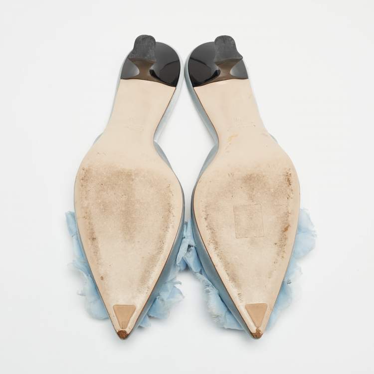 Pre Owned Miu Miu Blue Satin Floral Applique Mules Size 38