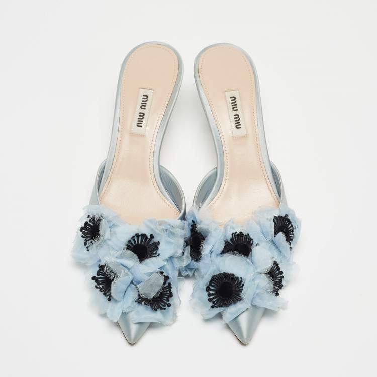 Pre Owned Miu Miu Blue Satin Floral Applique Mules Size 38
