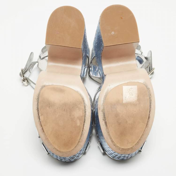 Pre Owned Miu Miu Silver Leather Crystal Embellished Platform Ankle Strap Sandals Size 39