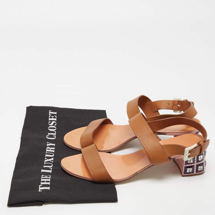 Pre Owned Miu Miu Brown Leather Crystal Embellished Block Heel Ankle Strap Sandals Size 40