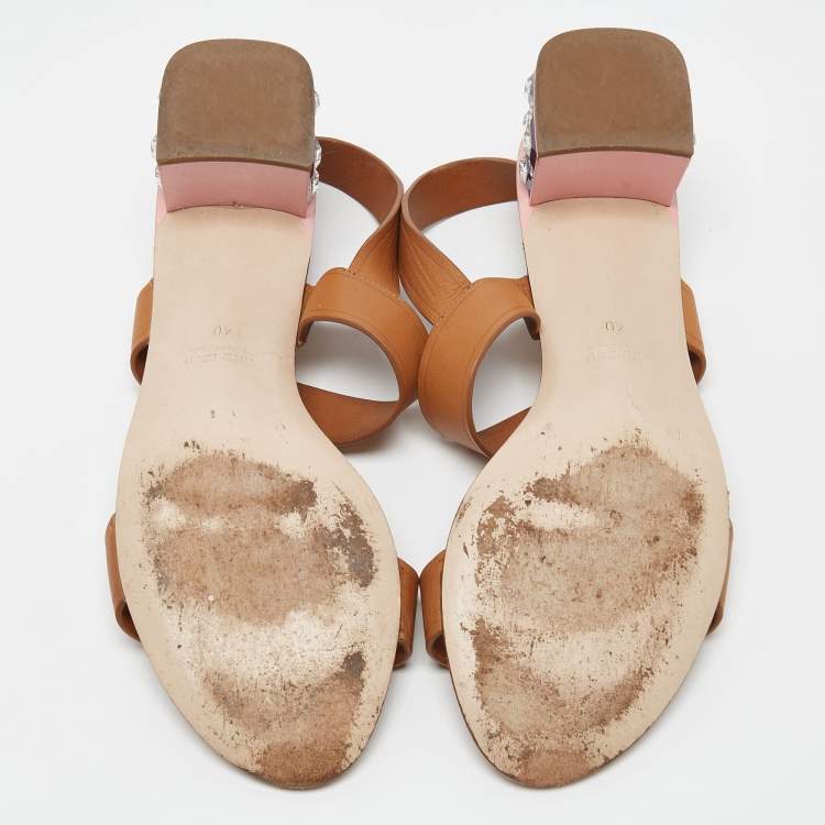 Pre Owned Miu Miu Brown Leather Crystal Embellished Block Heel Ankle Strap Sandals Size 40
