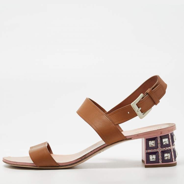 Pre Owned Miu Miu Brown Leather Crystal Embellished Block Heel Ankle Strap Sandals Size 40