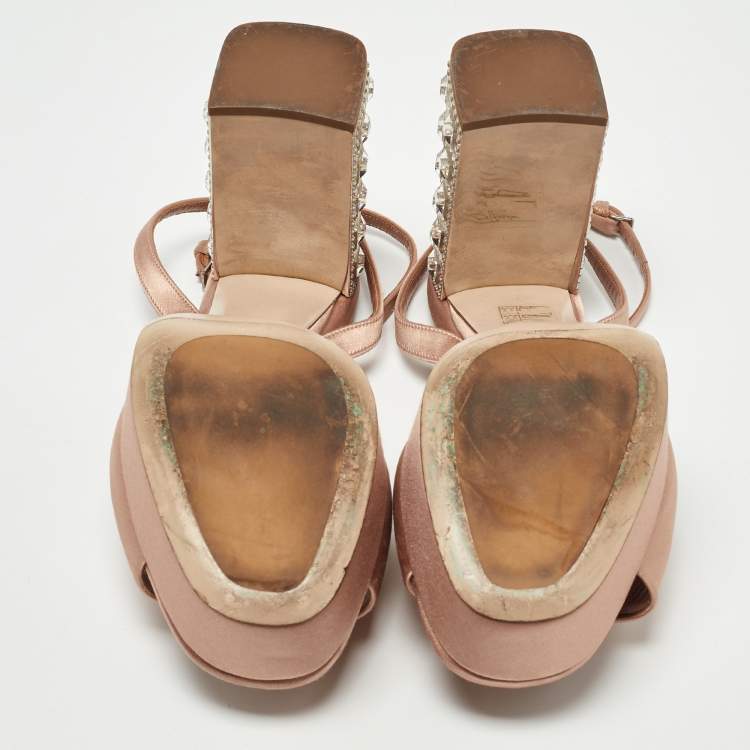 Pre Owned Miu Miu Light Pink Satin Crystal Embellished Platform Ankle Strap Sandals Size 38.5