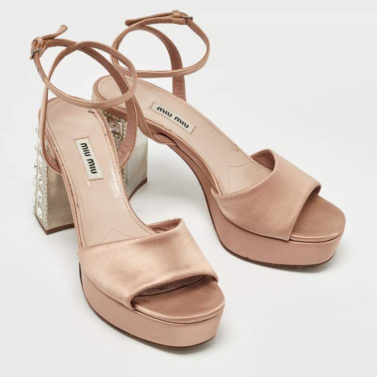 Pre Owned Miu Miu Light Pink Satin Crystal Embellished Platform Ankle Strap Sandals Size 38.5