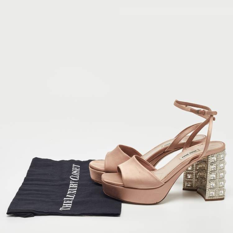 Pre Owned Miu Miu Light Pink Satin Crystal Embellished Platform Ankle Strap Sandals Size 38.5