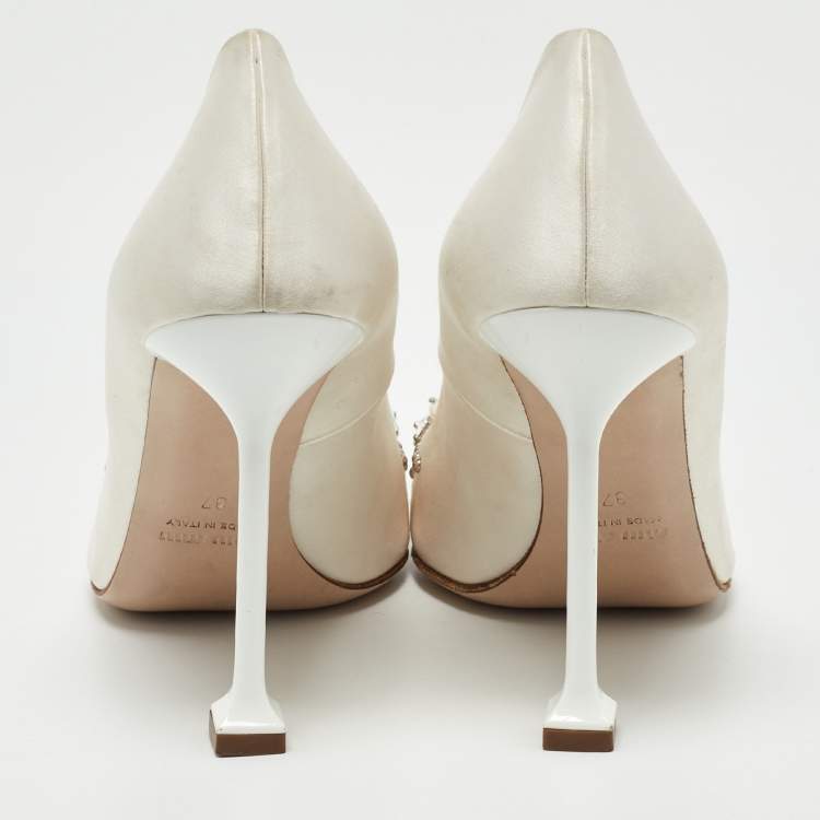 Pre Owned Miu Miu White Satin Embellished Pumps Size 37