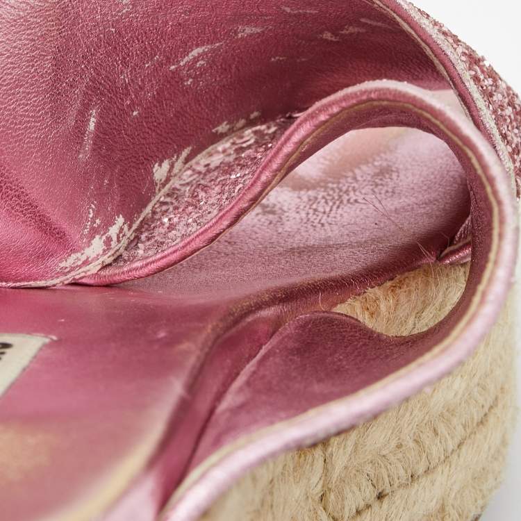 Pre Owned Miu Miu Pink Glitter Cross Strap Platform Espadrille Sandals Size 37.5