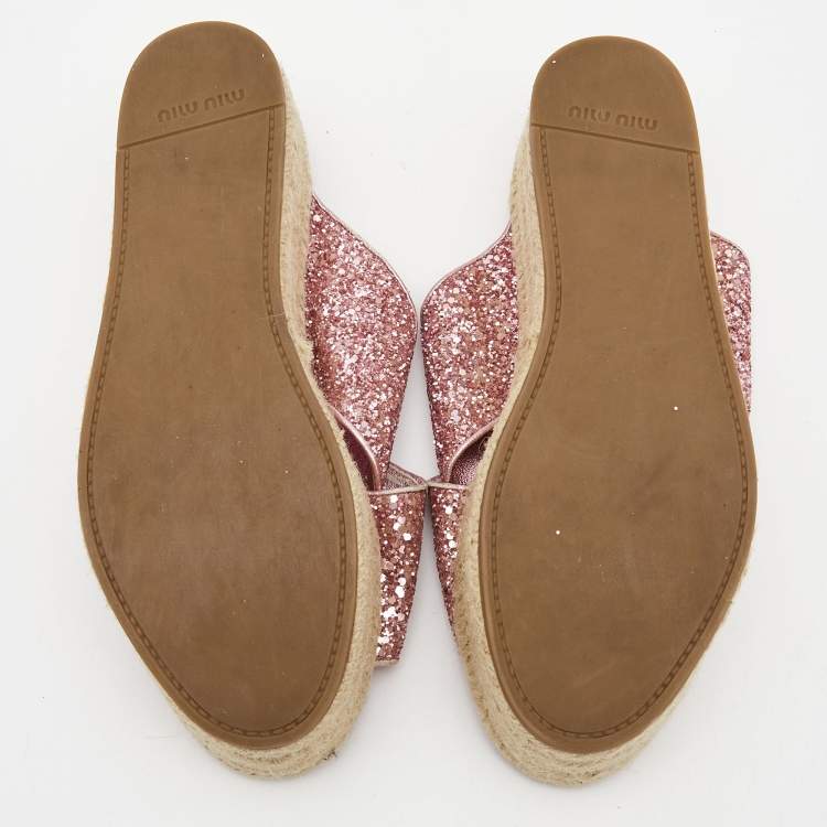 Pre Owned Miu Miu Pink Glitter Cross Strap Platform Espadrille Sandals Size 37.5