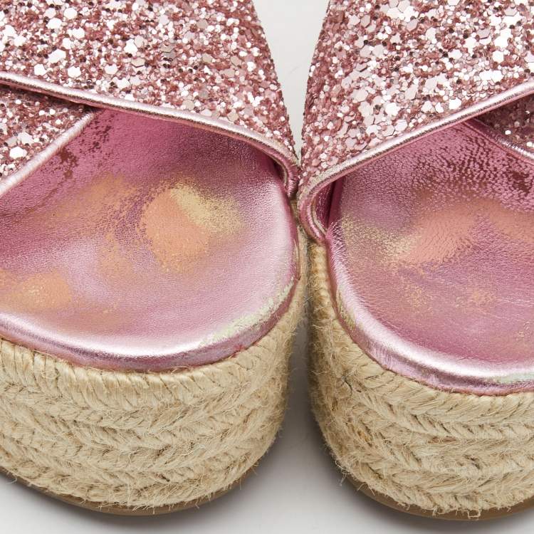 Pre Owned Miu Miu Pink Glitter Cross Strap Platform Espadrille Sandals Size 37.5