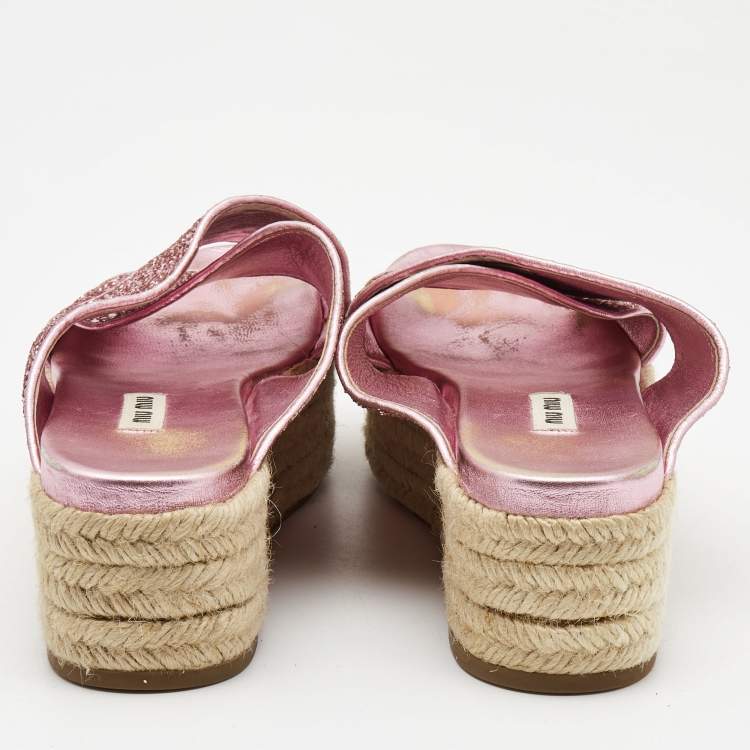 Pre Owned Miu Miu Pink Glitter Cross Strap Platform Espadrille Sandals Size 37.5