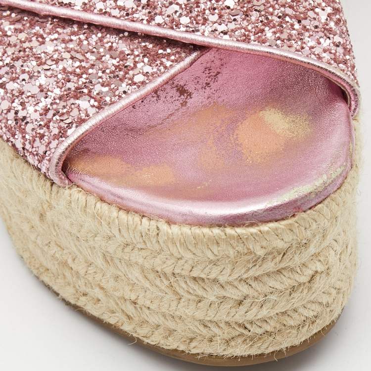 Pre Owned Miu Miu Pink Glitter Cross Strap Platform Espadrille Sandals Size 37.5