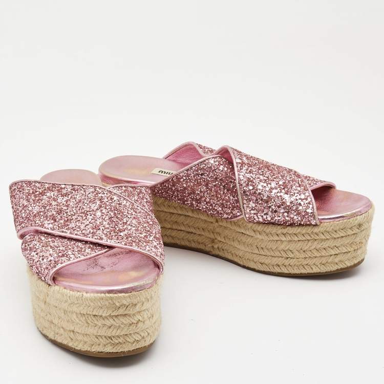 Pre Owned Miu Miu Pink Glitter Cross Strap Platform Espadrille Sandals Size 37.5