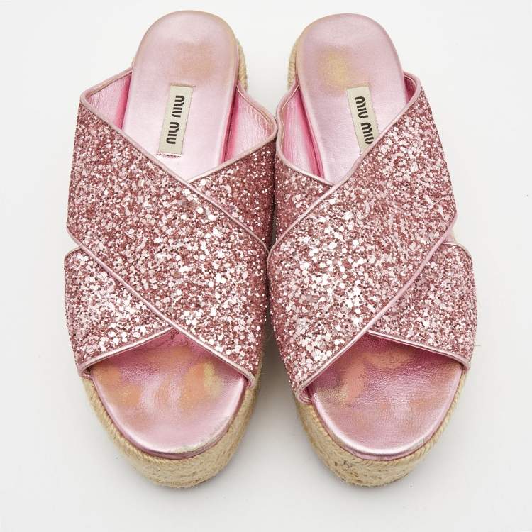 Pre Owned Miu Miu Pink Glitter Cross Strap Platform Espadrille Sandals Size 37.5