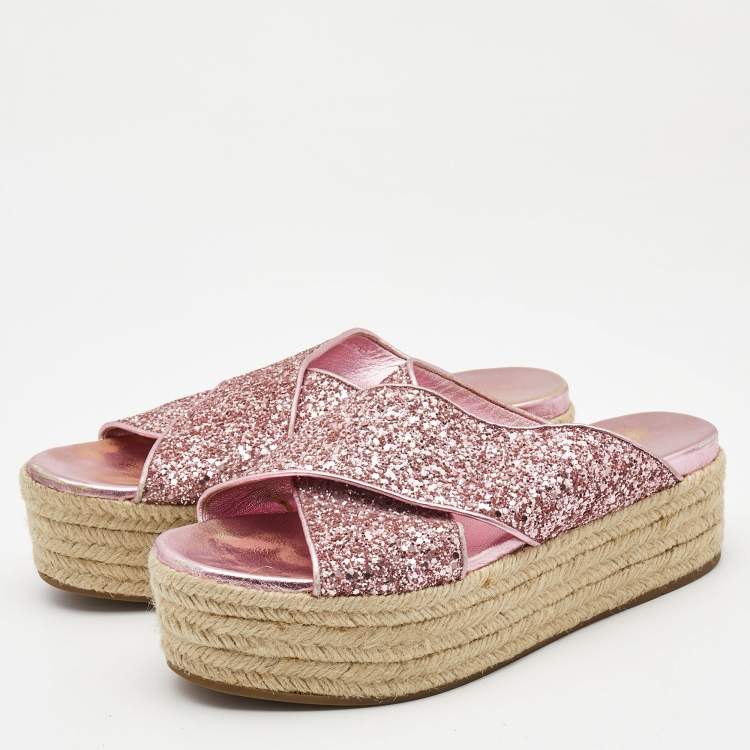 Pre Owned Miu Miu Pink Glitter Cross Strap Platform Espadrille Sandals Size 37.5