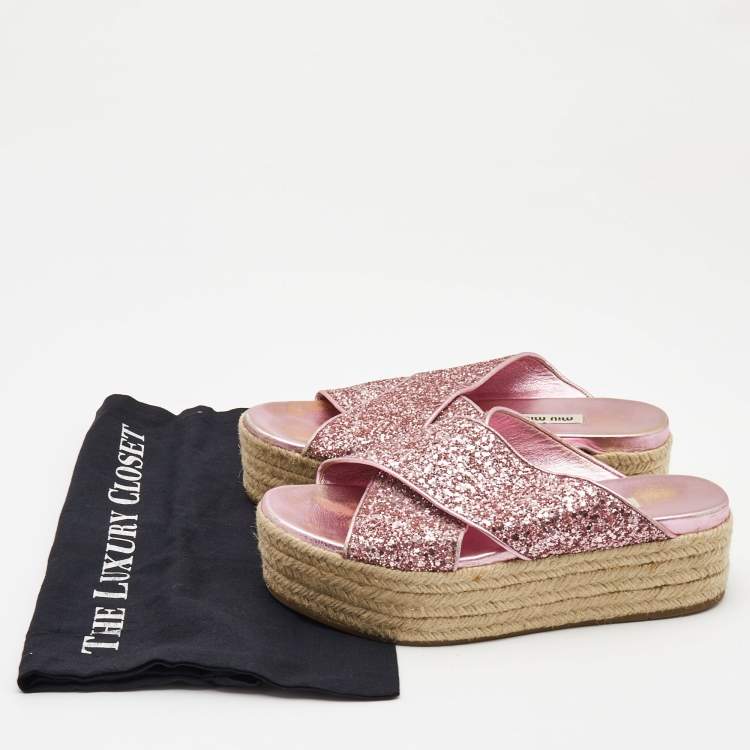 Pre Owned Miu Miu Pink Glitter Cross Strap Platform Espadrille Sandals Size 37.5