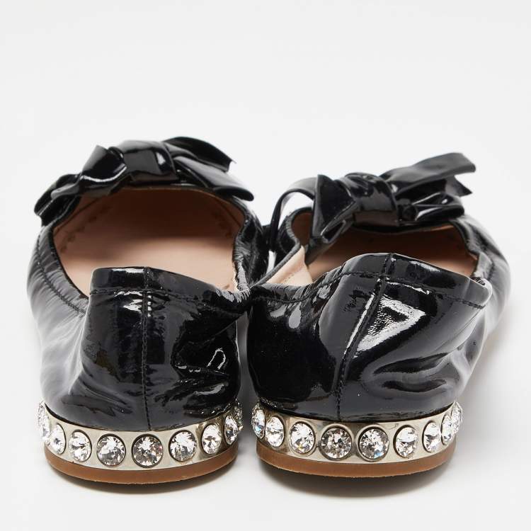 Pre Owned Miu Miu Black Patent Leather Crystal Embellished Bow Ballet Flats Size 37.5
