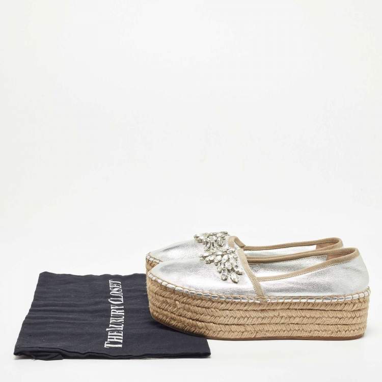 Pre Owned Miu Miu Silver Leather Crystal Embellished Platform Flats Espadrille Size 36.5