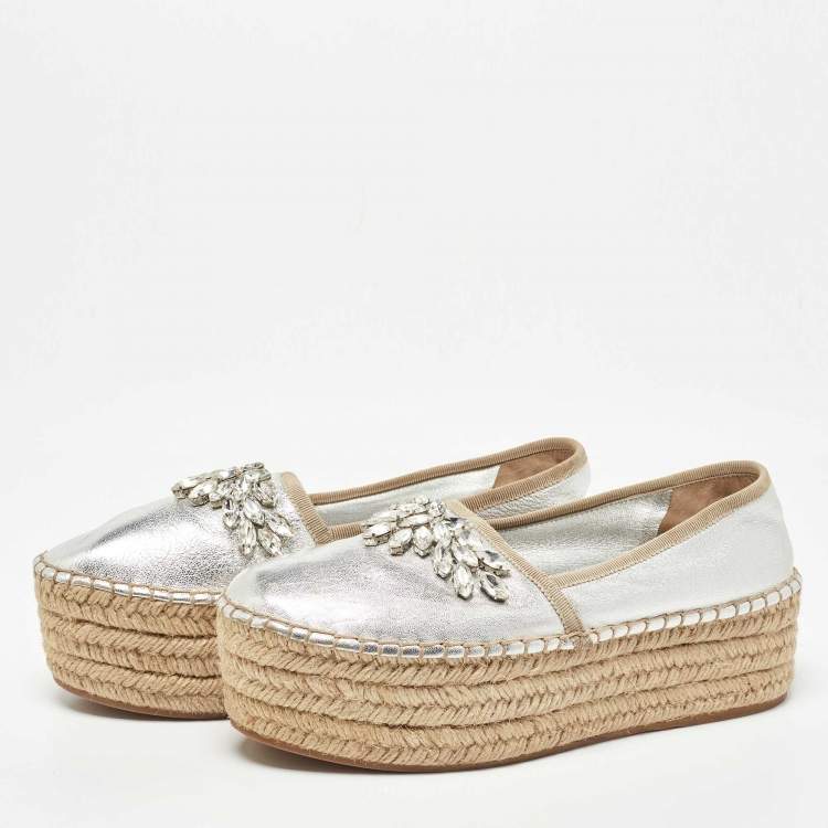 Pre Owned Miu Miu Silver Leather Crystal Embellished Platform Flats Espadrille Size 36.5