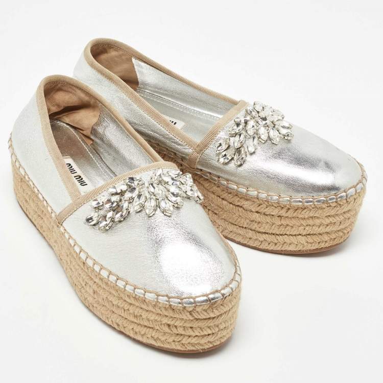 Pre Owned Miu Miu Silver Leather Crystal Embellished Platform Flats Espadrille Size 36.5