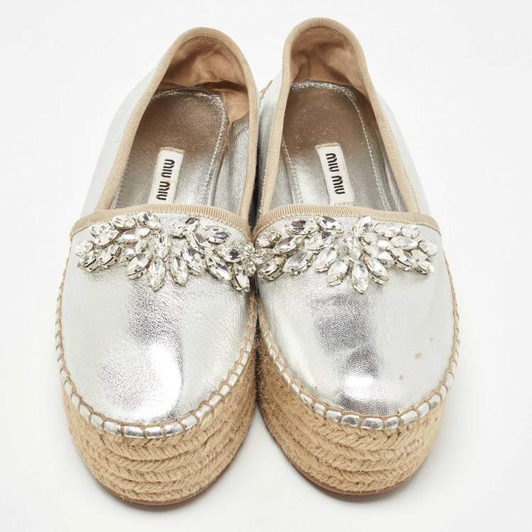 Pre Owned Miu Miu Silver Leather Crystal Embellished Platform Flats Espadrille Size 36.5