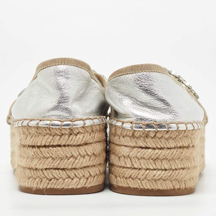 Pre Owned Miu Miu Silver Leather Crystal Embellished Platform Flats Espadrille Size 36.5