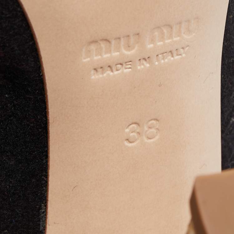 Pre Owned Miu Miu Silver/Black Glitter and Suede Peep-Toe Ankle Boots Size 38