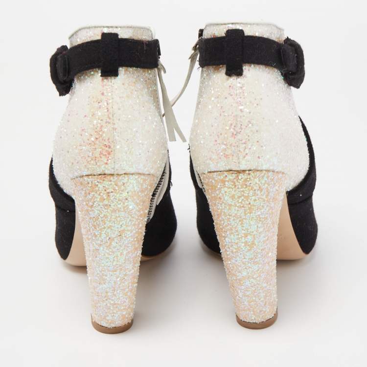 Pre Owned Miu Miu Silver/Black Glitter and Suede Peep-Toe Ankle Boots Size 38