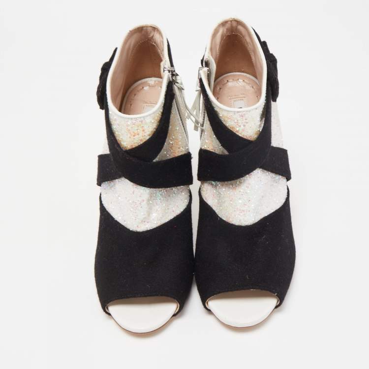 Pre Owned Miu Miu Silver/Black Glitter and Suede Peep-Toe Ankle Boots Size 38