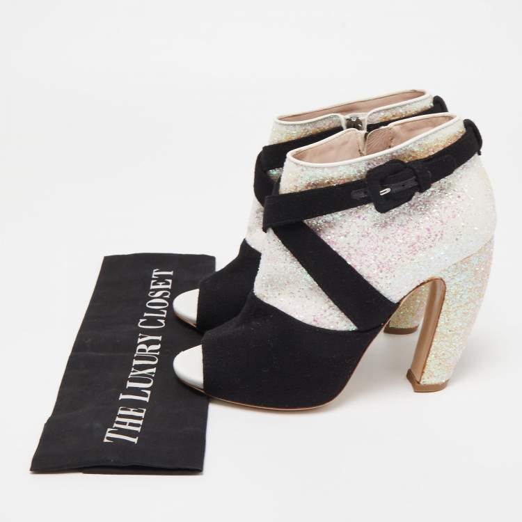 Pre Owned Miu Miu Silver/Black Glitter and Suede Peep-Toe Ankle Boots Size 38