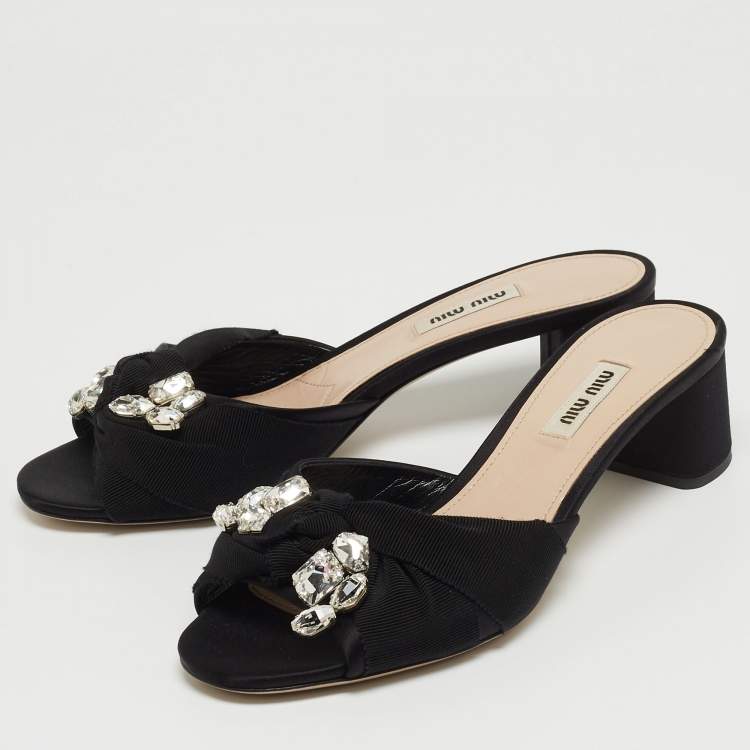 Pre Owned Miu Miu Black Satin and Canvas Crystals Embellished Knot Slide Sandals Size 38.5