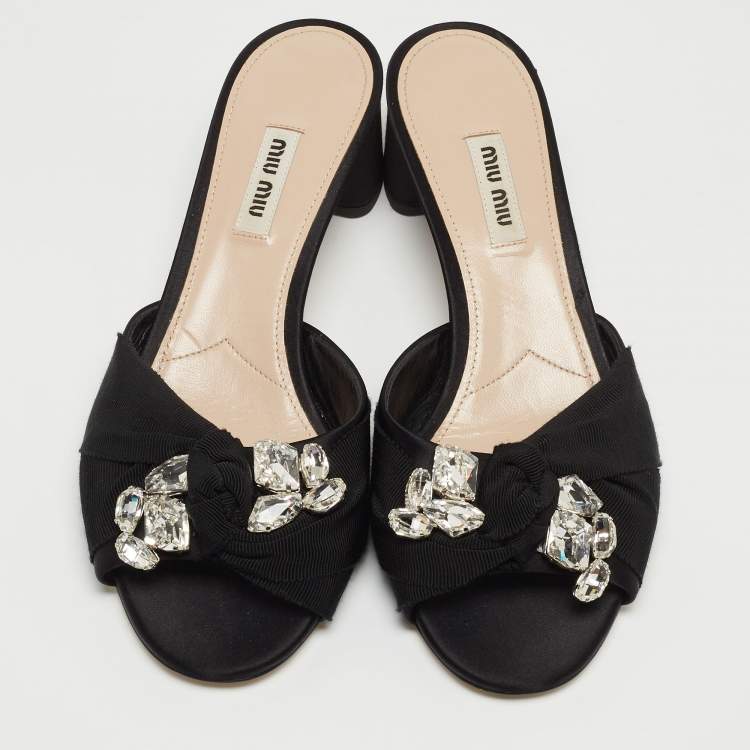 Pre Owned Miu Miu Black Satin and Canvas Crystals Embellished Knot Slide Sandals Size 38.5