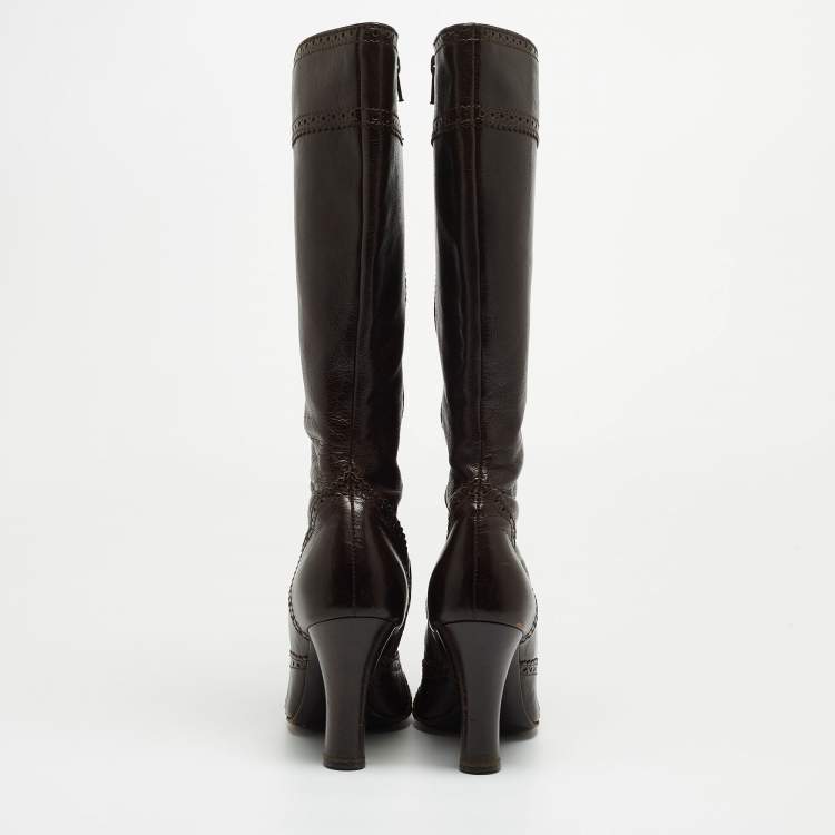 Pre Owned Miu Miu Brown Leather Mid Calf Boots Size 38