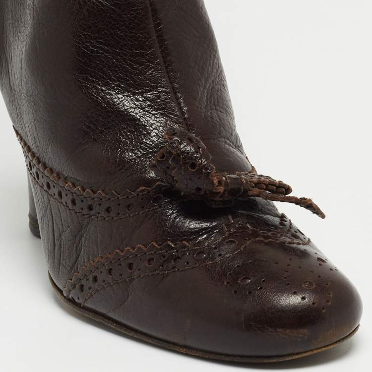Pre Owned Miu Miu Brown Leather Mid Calf Boots Size 38