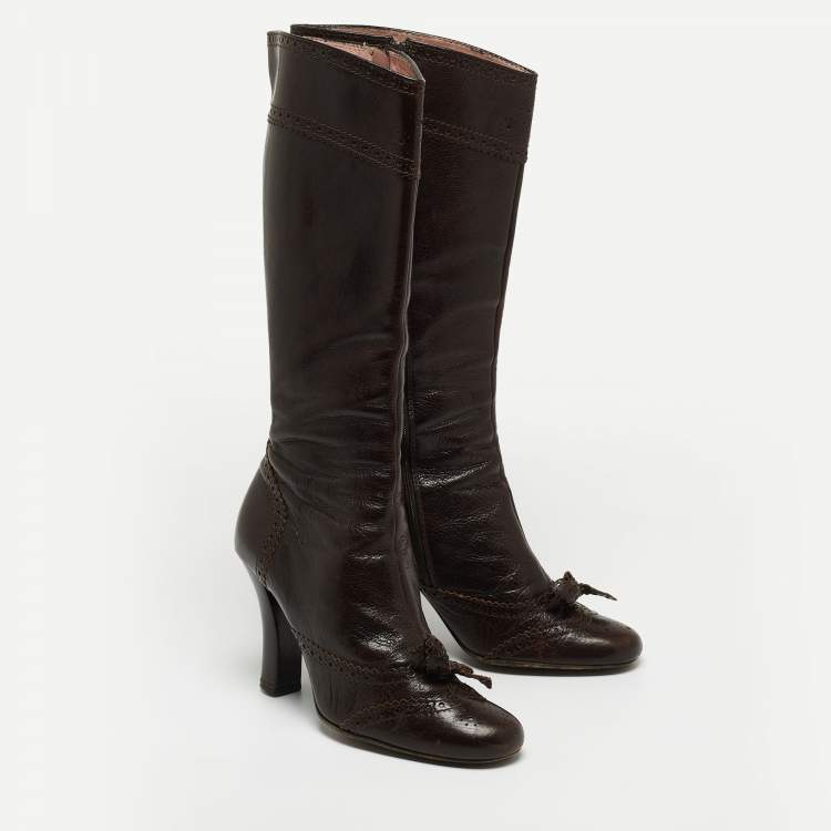 Pre Owned Miu Miu Brown Leather Mid Calf Boots Size 38