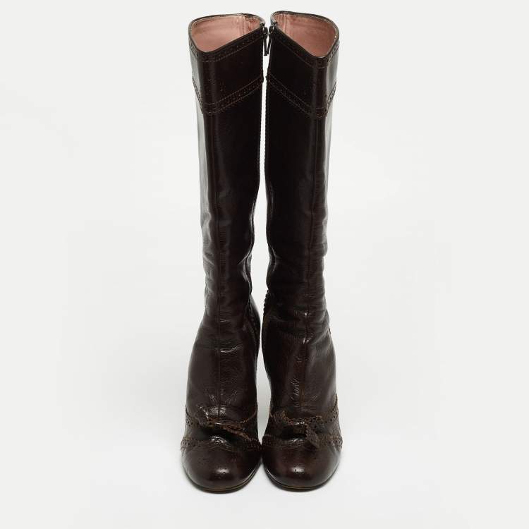 Pre Owned Miu Miu Brown Leather Mid Calf Boots Size 38