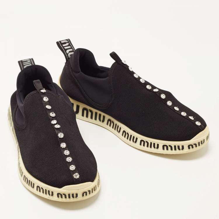 Pre Owned Miu Miu Black Stretch Knit Crystal Embellished Run Sneakers Size 40