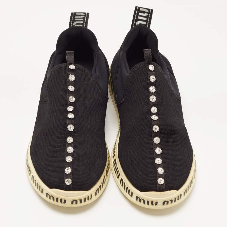 Pre Owned Miu Miu Black Stretch Knit Crystal Embellished Run Sneakers Size 40