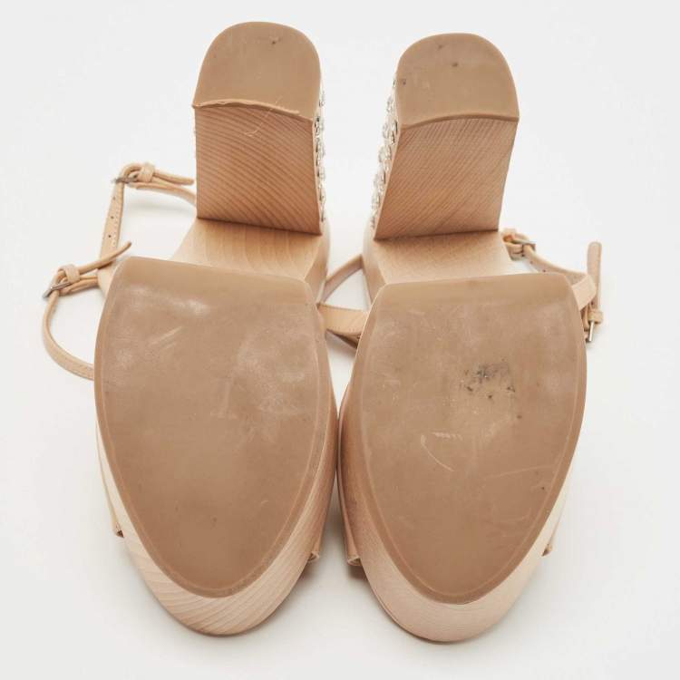 Pre Owned Miu Miu Beige Patent Leather Crystal Embellished Heel Platform Ankle Strap Sandals Size 36.5