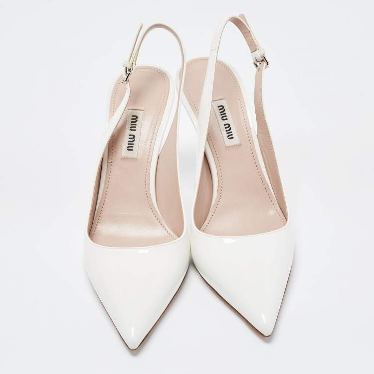 Pre Owned Miu Miu White Patent Leather Pointed Toe Slingback Pumps Size 37