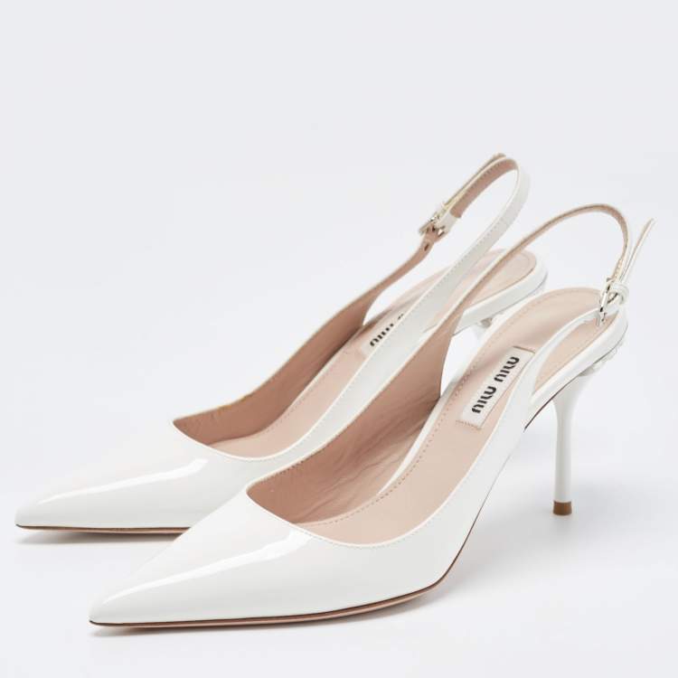 Pre Owned Miu Miu White Patent Leather Pointed Toe Slingback Pumps Size 37