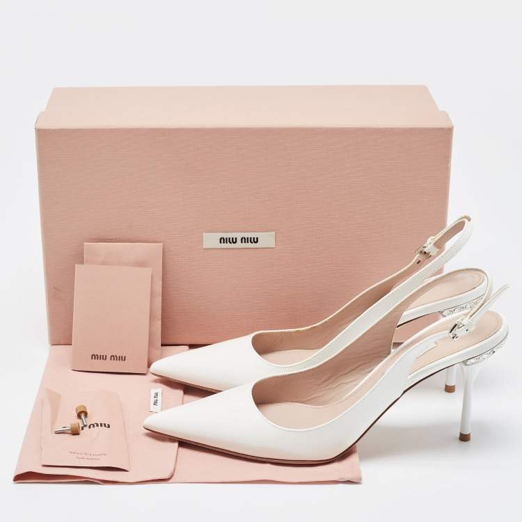Pre Owned Miu Miu White Patent Leather Pointed Toe Slingback Pumps Size 37