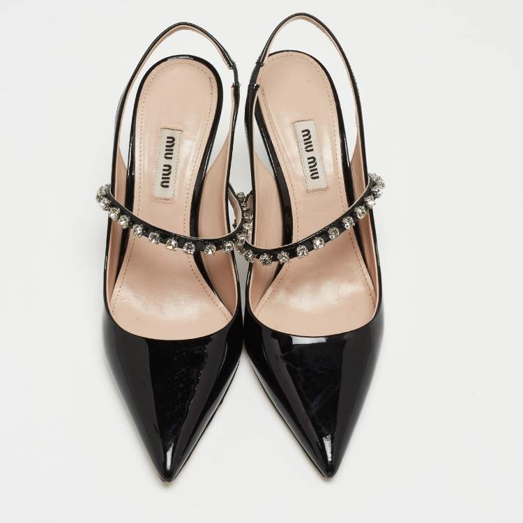 Pre Owned Miu Miu Black Patent Leather Crystal Embellished Mary Jane Slingback Pumps Size 37