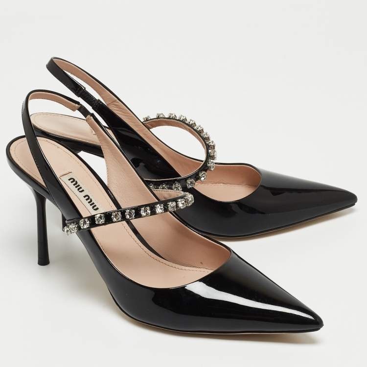 Pre Owned Miu Miu Black Patent Leather Crystal Embellished Mary Jane Slingback Pumps Size 37