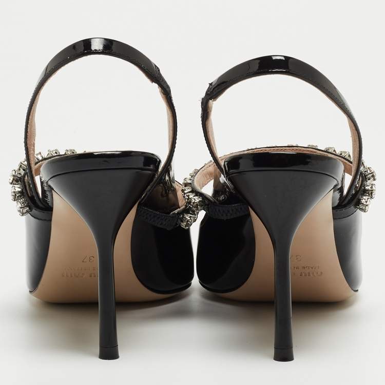 Pre Owned Miu Miu Black Patent Leather Crystal Embellished Mary Jane Slingback Pumps Size 37